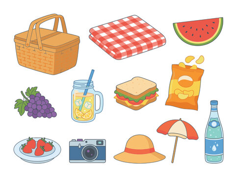 Collection of summer picnic food and outdoor objects with basket, blanket, and refreshments vector illustration set for leisure activities