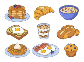 Large set of delicious sweet and savory breakfast foods vector illustration collection, featuring pancakes, eggs, bacon, croissant, and waffles