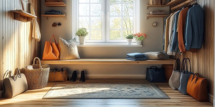sunny cozy entryway with wooden bench under window, potted plants and flowers, cushions, patterned rug, hanging coats, handbags, shoes and woven basket, warm inviting mood