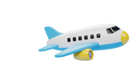 Obraz premium White and blue airplane with yellow nose and engine isolated on a transparent background aircraft
