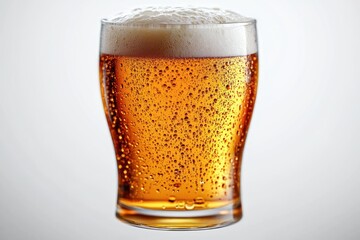Cold amber beer in a clear glass with frothy white head and sparkling bubbles, condensation on the glass, inviting and refreshing