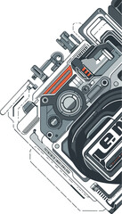 Pixel Art Futuristic Mechanical Design With Orange Accents On White