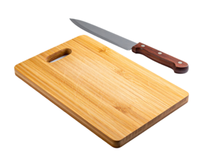 Bamboo Chopping Board with Knife on White Background