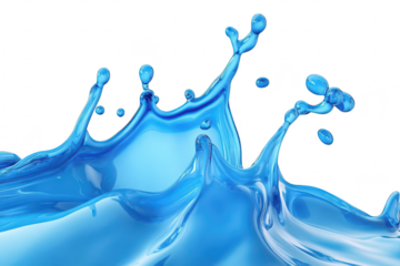 A splash of blue water creating dynamic waves and droplets against a clean white background. ideal for illustrating fluidity. freshness. or aquatic themes in various media