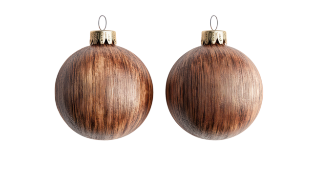 Two rustic wooden egg shaped christmas ornaments isolated on transparent background