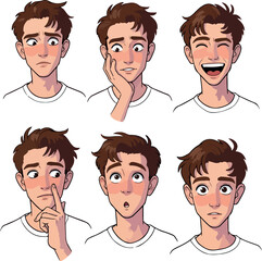 Pixel Art Man Expressing Various Emotions And Feelings With Blush White TShirt Isolated White Background