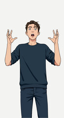 Pixel Art Man Expressing Shock and Amazement Wearing Dark Blue Shirt and Jeans