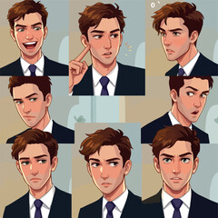 Pixel Art Man Expressing Various Emotions In Business Attire