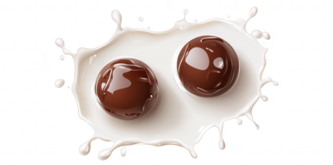 Two glossy chocolate spheres splashing into a creamy milk pool. creating dynamic droplets. with a clean white background emphasizing the rich textures and colors. ideal for food-related marketing