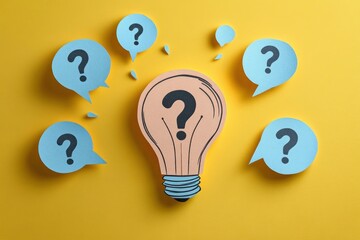 paper light bulb cutout with a large question mark surrounded by blue question mark speech bubbles on a yellow background conveying curiosity and playful uncertainty