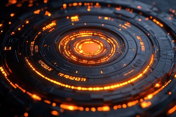 glowing orange futuristic energy core of concentric metallic rings and illuminated circuitry, intense and mysterious high tech device