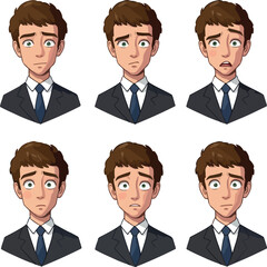 Pixel Art Man Portrait Set Various Emotional Expressions Business Suit Dark Blue Tie
