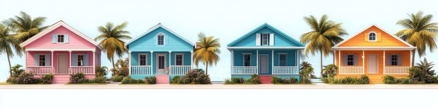 Row of colorful pastel beach cottages with palm trees, porches, steps and manicured shrubs conveying a cheerful tropical summer mood