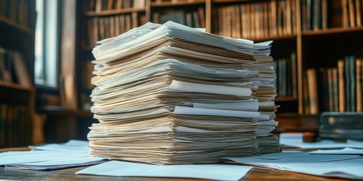 tall messy stack of yellowed papers and envelopes on a wooden table in a dim library with bookshelves, evoking overwhelm and focused research