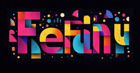 vibrant geometric typography with bold multicolor letters, playful energetic dots and shapes on dark textured background