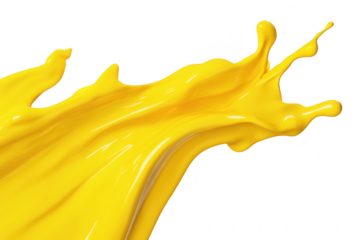A splash of yellow paint gracefully arcs through the air against a clean white background. capturing the dynamic motion of creativity and artistry in a studio setting