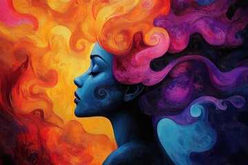 Profile silhouette with swirling fiery and cosmic colorful hair, vivid brushstrokes conveying dreamy, contemplative and expressive emotion