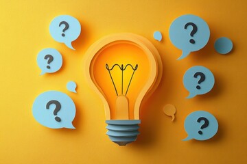 layered paper-cut light bulb surrounded by blue speech bubbles with question marks on a bright yellow background conveying curiosity and playful inquiry