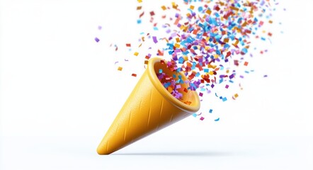 yellow waffle cone tipped on its side releasing a vibrant cascade of multicolored confetti into the air on a clean white background, playful celebratory mood