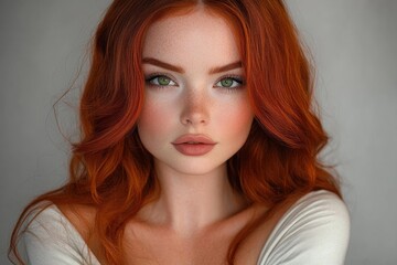 Fototapeta premium Calm redheaded woman with long wavy copper hair and exposed collarbone wearing off shoulder white top, soft and serene mood