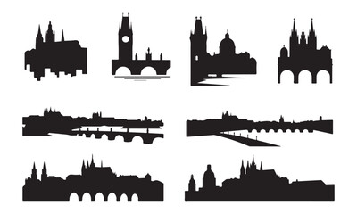 Prague Skyline Silhouettes Vector, Famous Landmarks Clip art Illustration.
