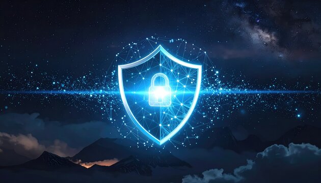 Cyber security shield with a glowing lock icon, safeguarding digital data within a technological landscape. The image evokes a sense of protection and digital safety
