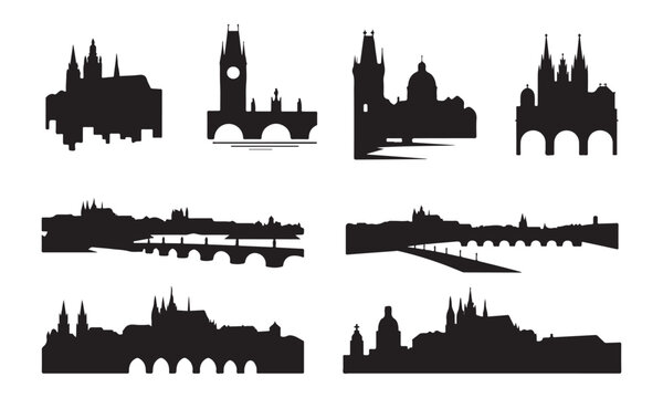 Prague Skyline Silhouettes Vector, Famous Landmarks Clip art Illustration.