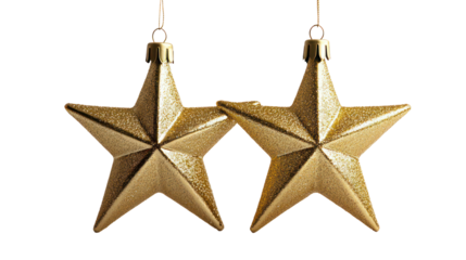Two golden star ornaments hanging isolated on transparent background