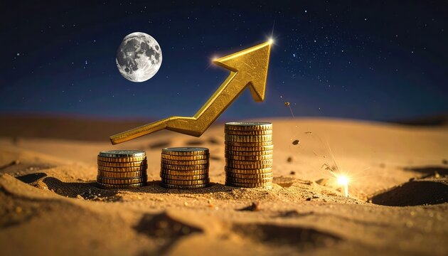 Financial growth concept with golden arrow pointing upwards, stacks of coins, and a full moon in the night sky. The image evokes a sense of financial progress, ambition, and achievement