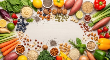 A colorful arrangement of fruits and vegetables on a white wooden table.