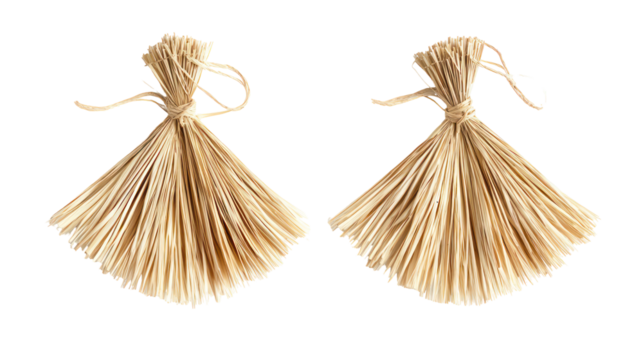 Pair of traditional handmade straw ornaments overhead side by side on transparent background