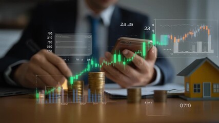 Business professional analyzing real estate market trends with smartphone and financial data - Powered by Adobe