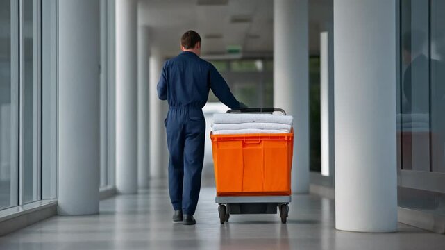 Professional janitor transporting clean towels in a commercial setting