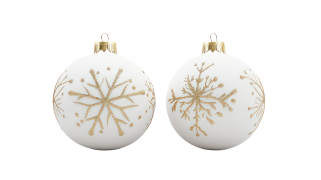 Two white oval christmas ornaments with gold snowflakes isolated on transparent background