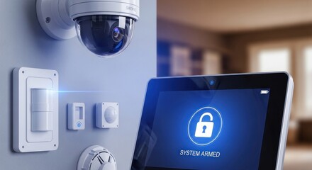 A security camera mounted on a wall, with a tablet displaying a lock icon and the text 'SYSTEM ARMED'