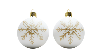 Two white oval christmas ornaments with gold snowflake design isolated on transparent background