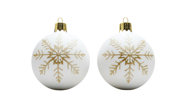 Two white oval christmas ornaments with gold snowflake design isolated on transparent background