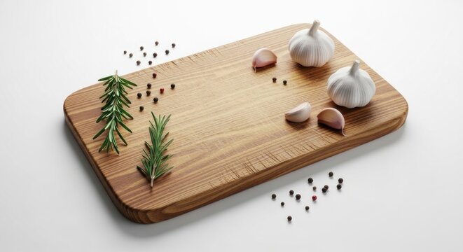A wooden cutting board with garlic and rosemary on it.