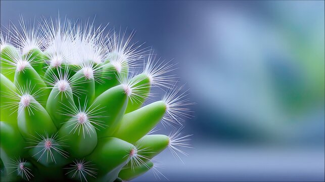 A detailed, macro shot of a vibrant green cactus, its fuzzy white spines radiating outwards. The background is softly blurred with cool blue and green tones, cr