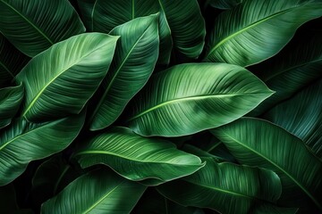 Obraz premium Close-up view of vibrant green tropical leaves overlapping with visible veins and natural texture creating a lush and fresh atmosphere