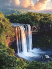 Fototapeta premium Majestic waterfall cascading over rocky cliff surrounded by lush green forest under a colorful, dramatic sky at sunset