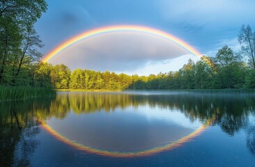 Naklejka premium Vibrant rainbow arching over calm lake surrounded by lush green trees with clear blue sky and serene reflection on water