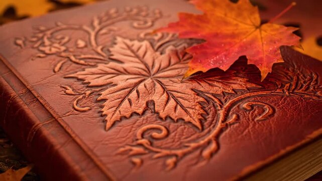 Autumn maple leaf with dew drops on ornate embossed leather