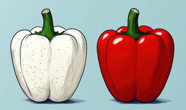 Detailed illustration of two bell peppers side by side, one white and one red, with green stems and subtle texture on a light blue background - Powered by Adobe
