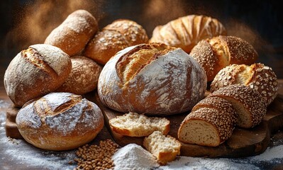 Assorted freshly baked rustic breads including round loaves, seeded baguette, and croissant on wooden boards with flour and wheat grains scattered around, warm and inviting atmosphere