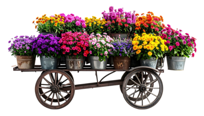 Colorful blooms fill cart, vibrant floral display