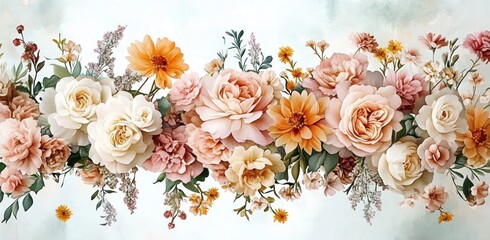 Detailed horizontal arrangement of soft pastel roses, carnations, daisies, and greenery on a light background conveying elegance and tranquility