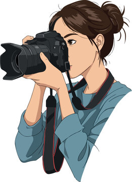 Pixel Art Woman Photographer Capturing Image with Professional DSLR Camera