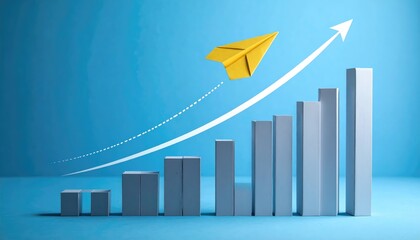 An upward trending bar graph with a paper airplane, representing growth and progress. The scene evokes a sense of momentum and achievement. 