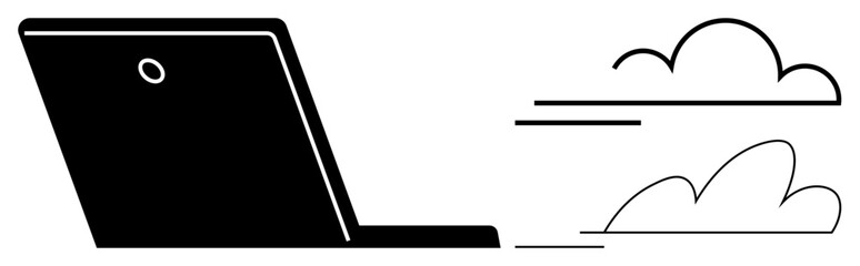 Open laptop emitting stylized clouds symbolizing speed, cloud storage, and online data sharing. Ideal for technology, cloud computing, innovation, mobility, globalization, efficiency simple flat